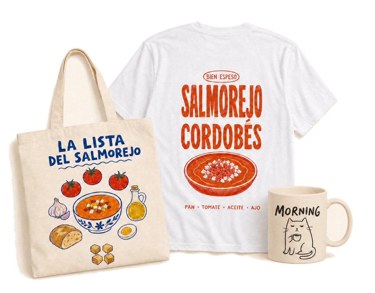 Camiseta Salmorejo Cordobés junto a la tote bag La Lista del Salmorejo y la taza Morning